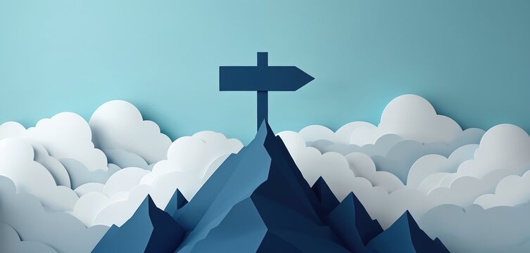 Paper cutout illustration of signpost on mountain summit above clouds. The sign shows direction on blue sky background. It symbolizes choices and direction towards goals