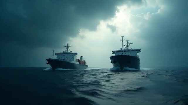 Photorealistic image depicting trade conflict with two cargo ships maneuvering under stormy skies symbolizing international dispute and economic rivalry on high seas in  Photo Stock  Concept  and empt
