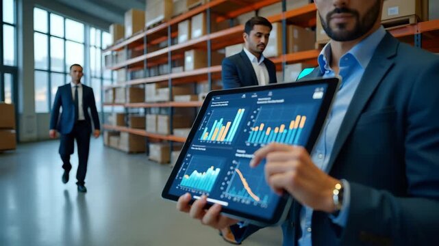 Supply chain economics forecast displayed on interactive tablet showing inventory cost curves logistics network graphs and production planning schedules in logistics office in  Photo Stock  Concept  a