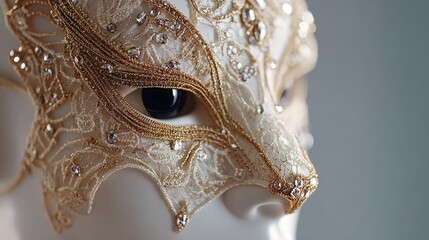 Closeup of a beautiful cat mask with lace and beadwork, showcasing intricate details and elegant design