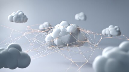 Digital Cloudscape: A radiant digital cloud, interwoven with a network of data, hovers gracefully, against the backdrop of a twilight skyline, symbolizing connectivity and the digital realm.