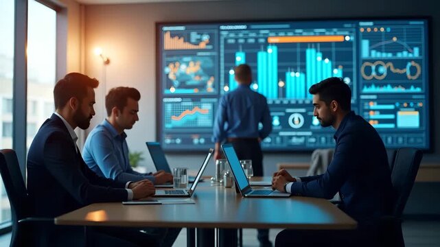 Manufacturing executives convening in conference room evaluating supply chain disruption risk scenarios leveraging real time analytics dashboards to develop mitigation strategies in  Photo Stock  Conc