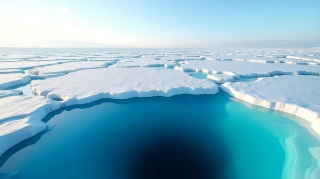 Drone panorama of polar ice caps with visible meltwater pools demonstrating accelerated melting ice phenomena and vulnerability of polar regions in  Photo Stock  Concept  and empty space on the left s