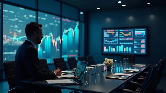 Corporate boardroom reviewing poor stock performance reports aggregating quarterly EPS misses revenue shortfalls and investor sentiment data on digital screens in  Photo Stock  Concept  and empty spac