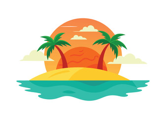Sunset on Tropical Island Vector Illustration