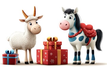 Playful cartoon animals celebrating christmas festive scene digital art cheerful environment front view whimsical concept