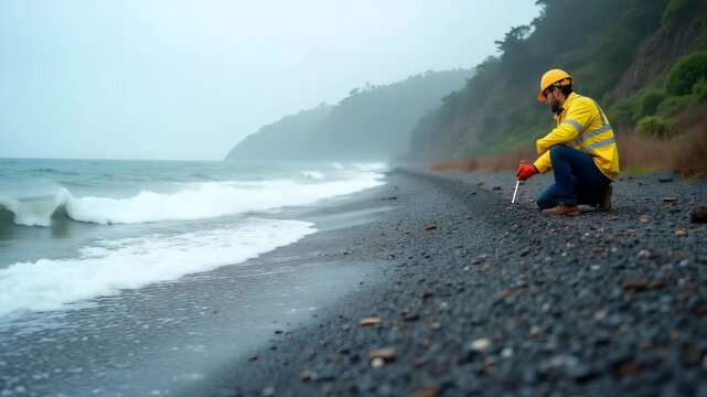 Coastal community researchers studying natural disaster wave patterns measuring wave height runup and inundation risk to inform resilience planning and building codes in  Photo Stock  Concept  and emp