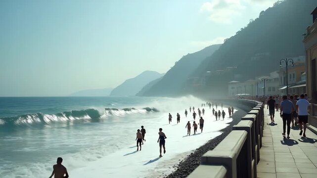 Crowd fleeing people running from wave panic stricken bystanders sprinting along coastal promenade to escape incoming tsunami inundation zone in  Photo Stock  Concept  and empty space on the left side