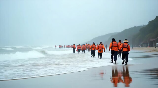 Emergency drills capturing people running from wave simulations practicing organized evacuations under guidance of coastal safety officers in  Photo Stock  Concept  and empty space on the left side
