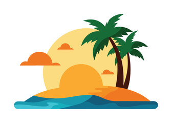 Beach Island Sunset Vector Illustration Isolated on White