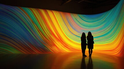 Fototapeta premium Two figures stand together silhouetted against a large colorful art installation featuring swirling patterns. The bright display showcases a blend of vivid hues in a contemporary gallery.
