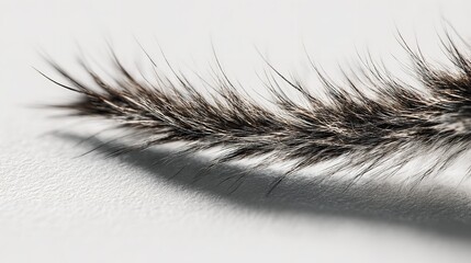 Closeup of a dark feather with intricate details and soft texture against a white background