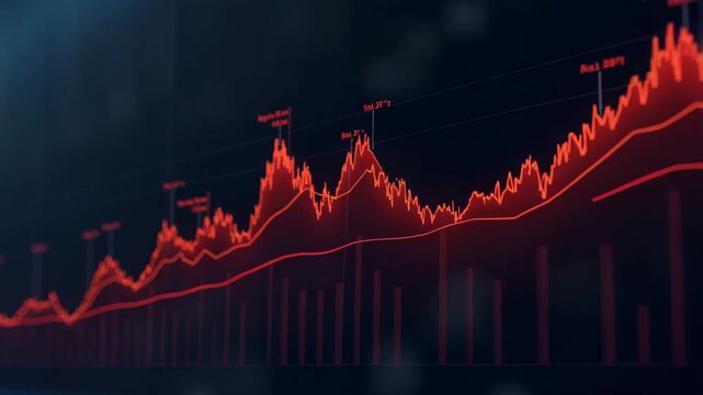 Detailed downtrend chart visualization featuring multi period line graph with red shading under curve percentage change labels and trading volume histograms in  Photo Stock  Concept  and empty space o