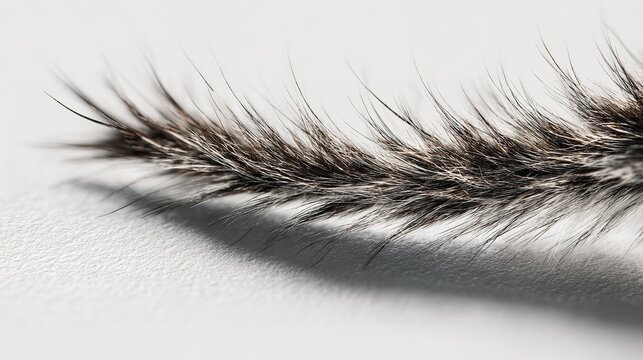Closeup of a dark feather with intricate details and soft texture against a white background - Powered by Adobe