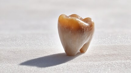 Single molar tooth on a white surface, showcasing its shape, color, and shadow, isolated on white background