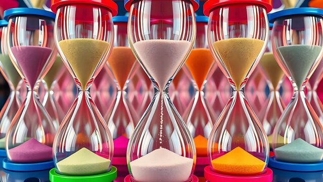 Colorful overlapping hourglasses with upward-flowing sand, depicting the unique perception of time in ADHD.