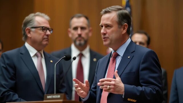 Government officials announcing political tariff decision imposing revised duties on key imports to protect domestic industries and influence international trade balances in  Photo Stock  Concept  and