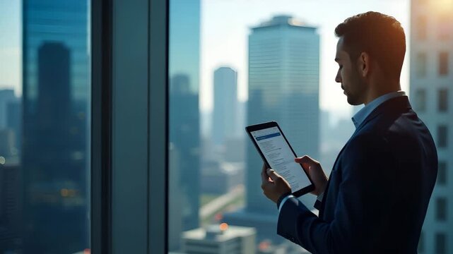 Corporate executive reading USA business headline on digital tablet against backdrop of skyscraper views and financial district scene in  Photo Stock  Concept  and empty space on the left side