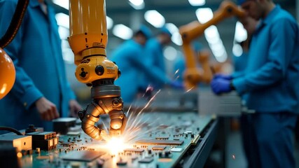 Technical photographers documenting factory scene Asia assembly lines capturing robotic arms welding components in electronics manufacturing plants in  Photo Stock  Concept  and empty space on the lef - Powered by Adobe