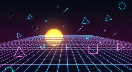 Retro wave landscape with neon grid, sun, and geometric shapes, evoking a sense of nostalgia and futuristic vibes from the 1980s era