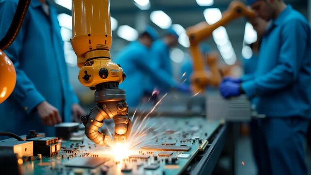 Technical photographers documenting factory scene Asia assembly lines capturing robotic arms welding components in electronics manufacturing plants in  Photo Stock  Concept  and empty space on the lef