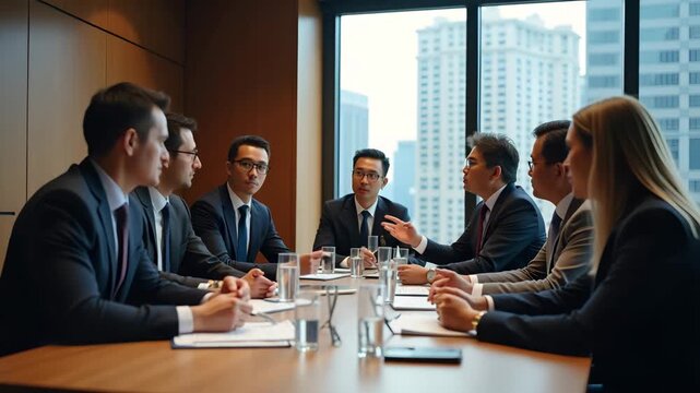 Corporate policy advisors attending USA Asia meeting reviewing cross?border trade agreements tariff frameworks regulatory harmonization for enhanced collaboration in  Photo Stock  Concept  and empty s