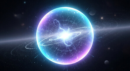 Abstract glowing sphere with particles and light trails in space, representing science, technology, energy, or a futuristic concept with cosmic elements