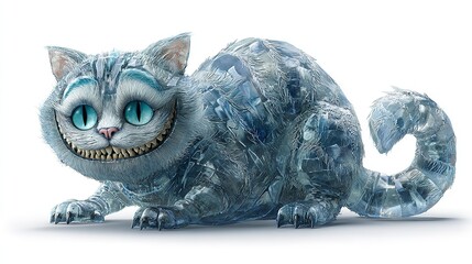 Full body of a grinning cheshire cat with blue fur isolated on white background