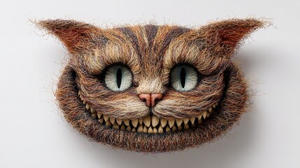 Closeup of a grinning cheshire cat head with fur and teeth isolated on white background