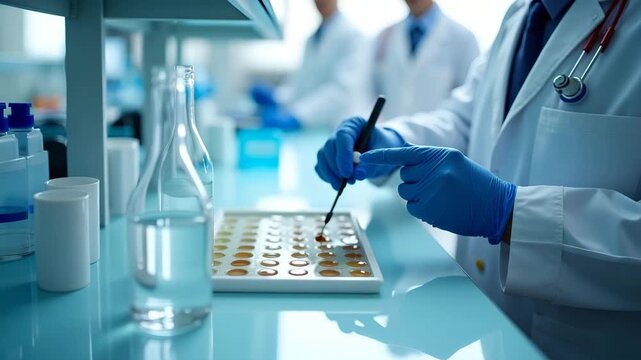 Microbiologists performing water bacteria test by culturing water sample on agar plates under laminar flow hood to detect coliform presence in  Photo Stock  Concept  and empty space on the left side