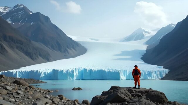 Environmental scientists measuring glacier melting fast through satellite imagery analysis and in?situ instrumentation to assess impacts on downstream water resources and hydrological cycles in  Photo