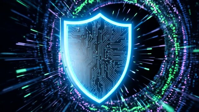 Digital shield symbolizing cybersecurity amidst vibrant data streams