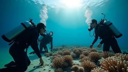 Conservation teams recording coral bleaching recovery efforts by photographing transplanted coral fragments and monitoring zooxanthellae recolonization rates in reef nurseries in  Photo Stock  Concept