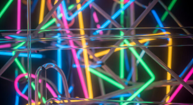 Abstract arrangement of neon tubes creating a chaotic yet colorful and vibrant display of light and form, showcasing modern art and design with a futuristic aesthetic