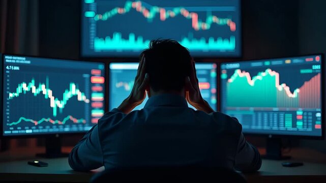 Investor panic scene with person clutching head in front of computer screens showing plummeting indices in real?time stock market crisis depiction in  Photo Stock  Concept  and empty space on the left