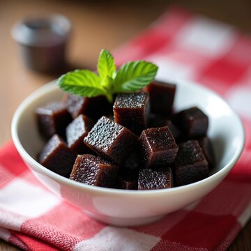 Dark brown cincau jelly cubes in white bowl with fresh mint sprig on checkered cloth. Sweet, cold dessert, traditional Asian food item. Refreshing, perfect for Ramadan iftar meal, healthy, delicious,