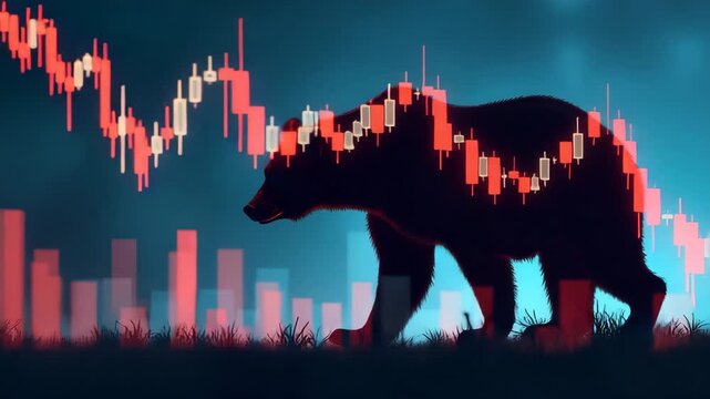 Creative stock photo illustrating bear market concept with stylized bear silhouette overlaid on transparent stock price decline overlay in  Photo Stock  Concept  and empty space on the left side