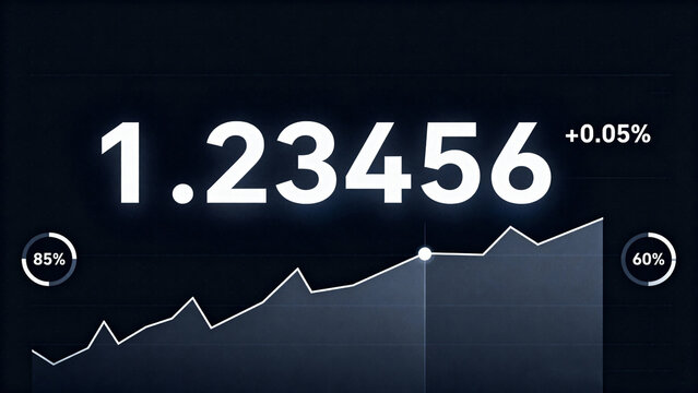 Forex graphic with large currency pair display minimalist line chart and circular numerical gauges