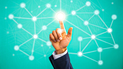Business hand touching digital network connection with glowing points on blue background technology concept
