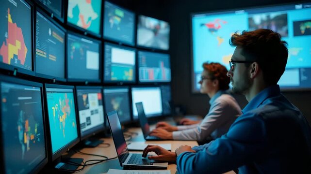 Natural disaster response team coordinating multiagency efforts at emergency operations center analyzing real?time maps resource allocation for disaster zones in  Photo Stock  Concept  and empty space