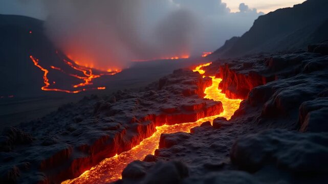 Intense ground shaking during eruption with volcanic cracks and fissures opening wide along mountain side while glowing lava breaks through surface in  Photo Stock  Concept  and empty space on the lef