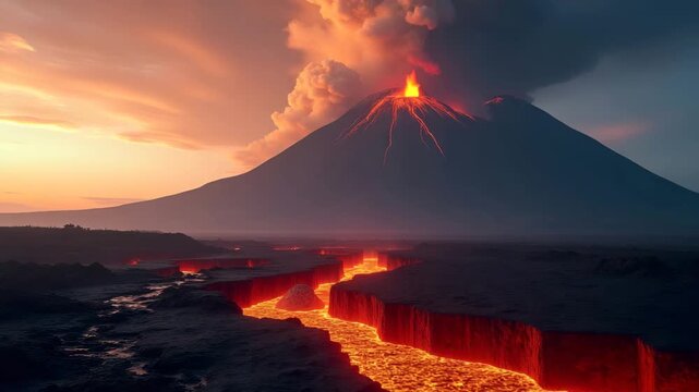 Volcano after eruption with clouds of ash rising into sky and glowing magma pockets visible along volcanic fissures molten landscape cooling in  Photo Stock  Concept  and empty space on the left side