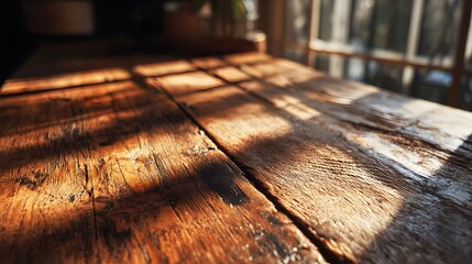 Textured wooden table with warm sunlight casting shadows across the surface.