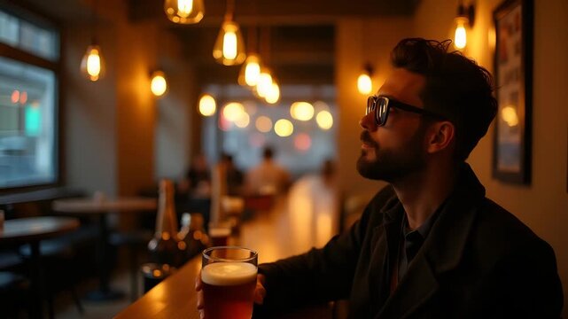 Fashion?forward shot of an influencer enjoying a craft beer in a sleek urban loft bar accentuated by contemporary d?cor and moody golden hued illumination in  Photo Stock  Concept  and empty space on 