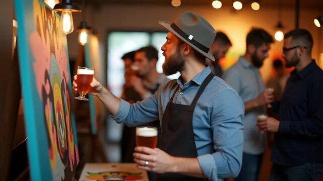 Artist painting on canvas at brewery art event with patrons sampling beers in background for creative art and beer collaboration showcase in  Photo Stock  Concept  and empty space on the left side