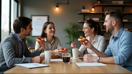 Co workers sharing a light moment over coffee and donuts in collaborative workspace illustrating friendly working team dynamics and positive office morale in  Photo Stock  Concept  and empty space on 