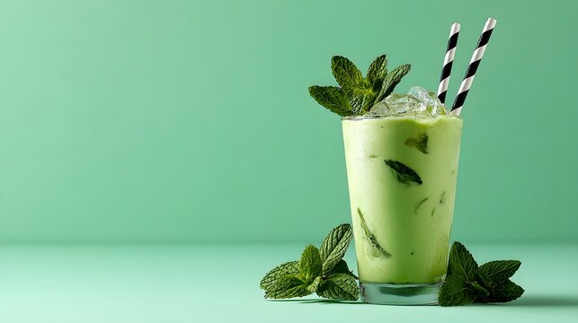 Refreshing green beverage with mint and ice served in a tall glass.