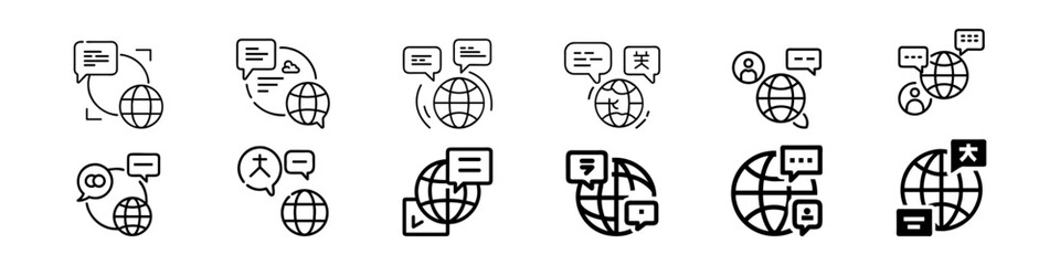 Global Chat, Online Translation, International Communication Icons Set – Language Exchange, Set of global communication, language translation, international chat line icons with speech bubbles