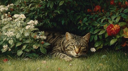 Tabby cat lying in the grass in a garden with white and red flowers in the background