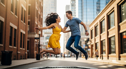 A young woman with a young man jumping on a trampoline on the street, a couple in love is spending time on a date